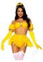 Leg Avenue Fairytale Beauty Glitter Shimmer Bra Top With Gathered Rosette Center And Puff Sleeves, High Waist Panty With Ribbon Pick-up Skirt, Removable Clear Straps, And Matching Hair Ribbon (4 Piece) - Small - Yellow